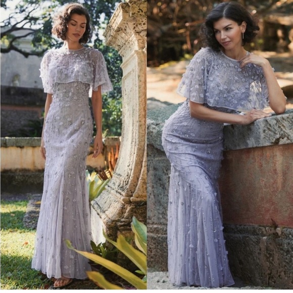 NWT Mac Duggal Vintage Lilac 93653 Embellished Cape Sleeve Trumpet Gown 18